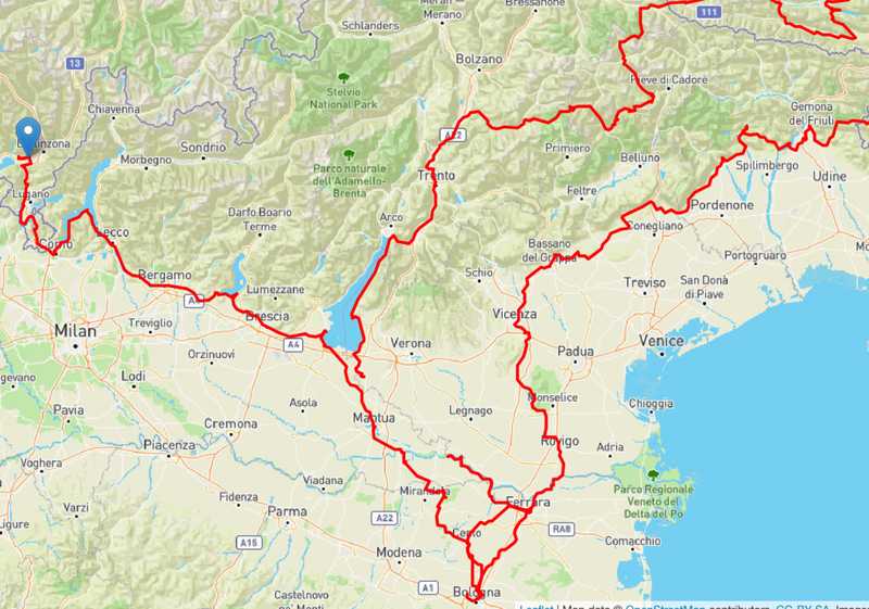 Our route. Bologna - Slovenia - Austria - Bologna - Switzerland. Gaps are GPS fails!