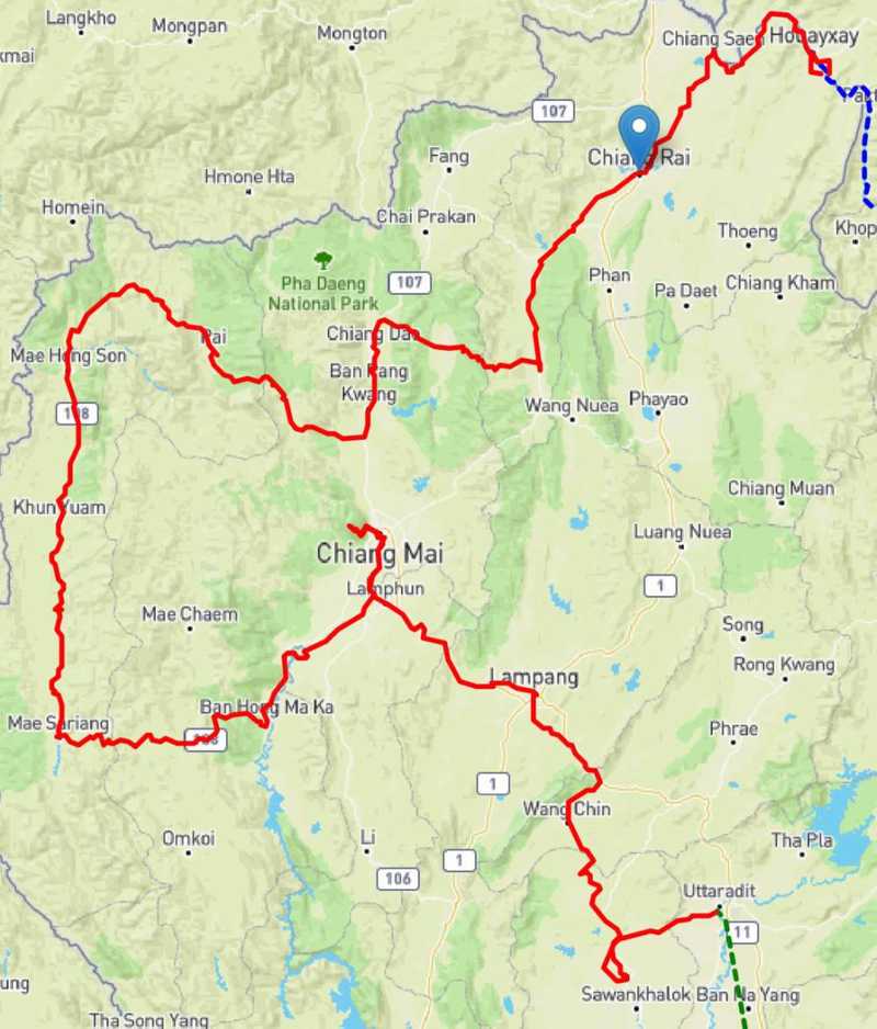 Cycling shown in red. Train / bus in green / blue dashed.