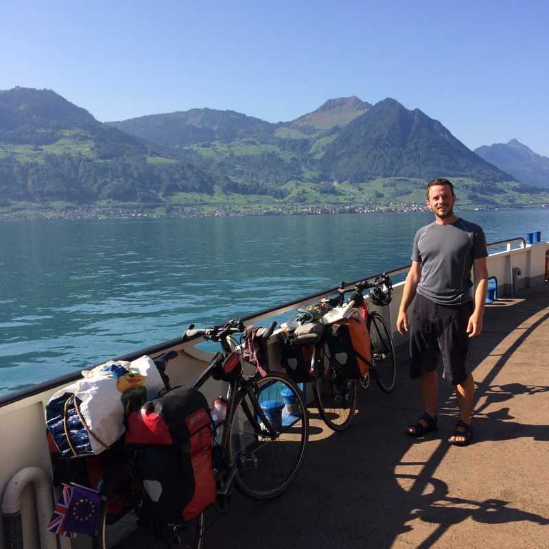 On the ferry across Lake Lucerne. 5 passengers, 1 car and 3 bikes.